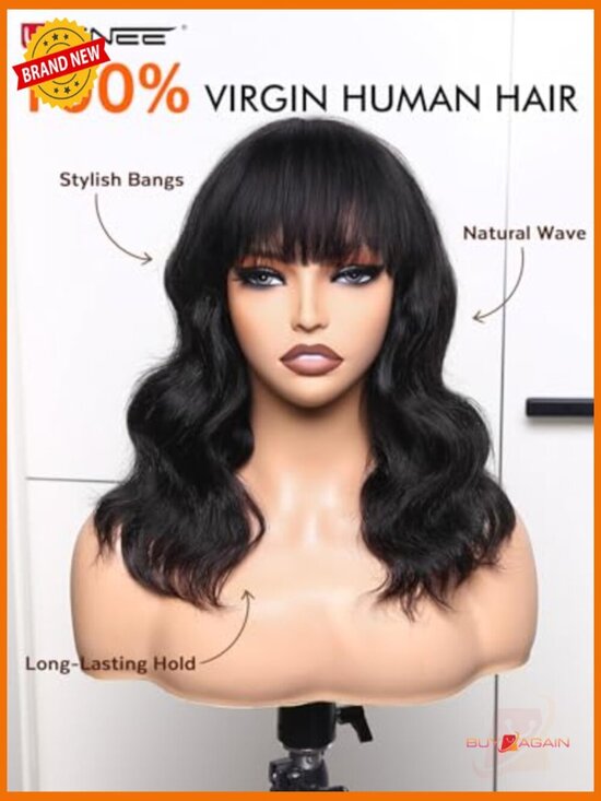 Natural wave wig with bangs 100% human hair medium cap tangle free heat style main image 6